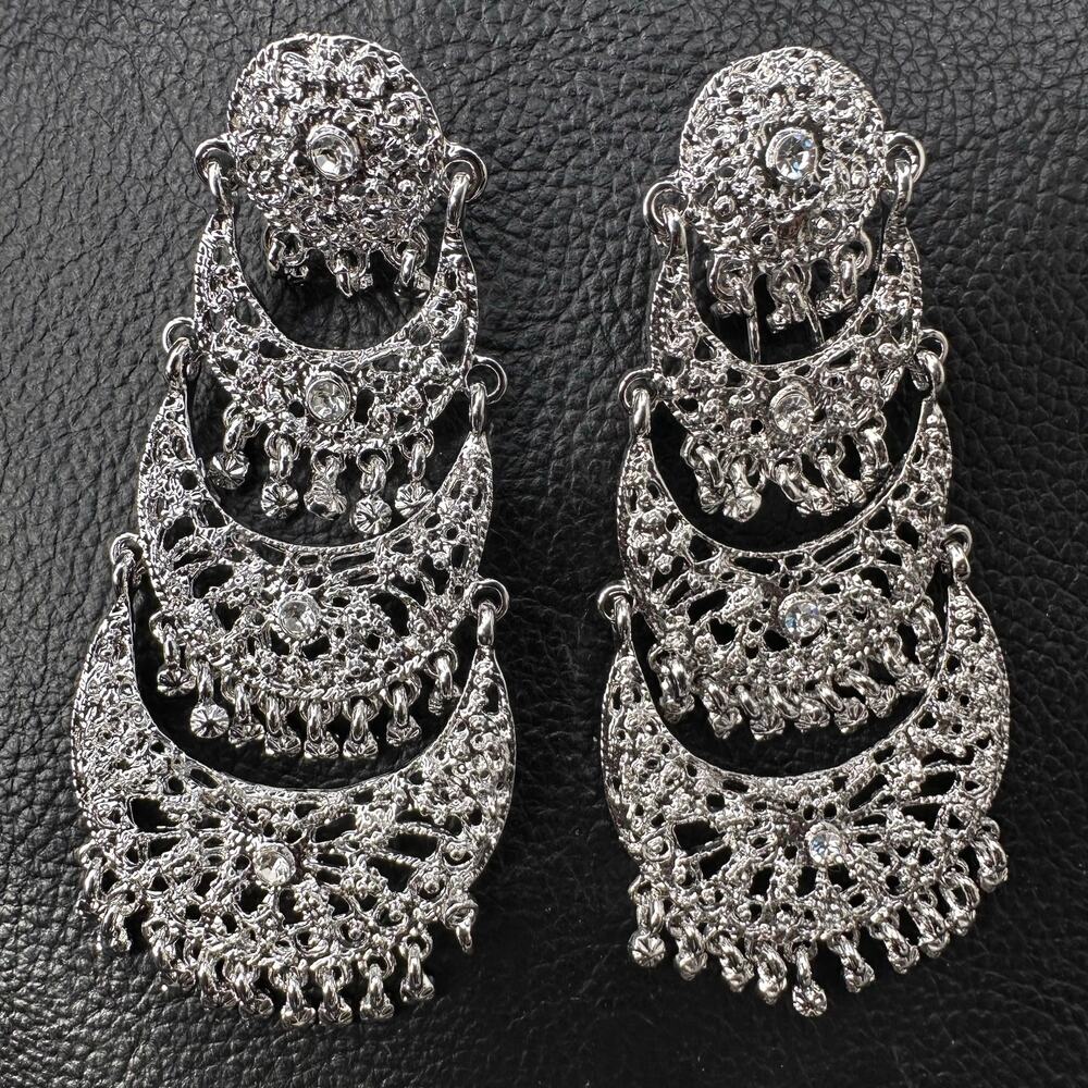 Bollywood Desi Boho Silver Tone Tiered Earrings